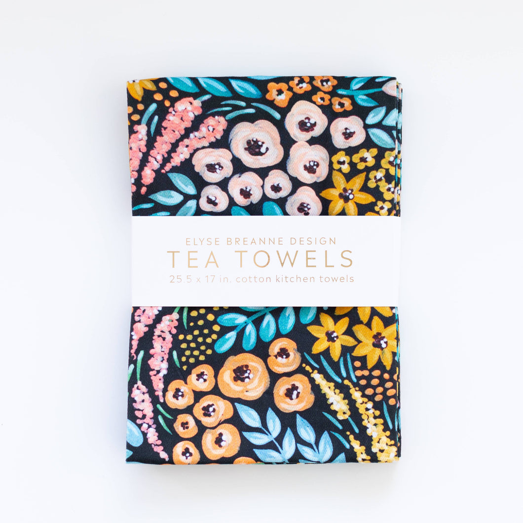 Elyse Breanne Design - Pack of 2 Black Floral Tea Towels